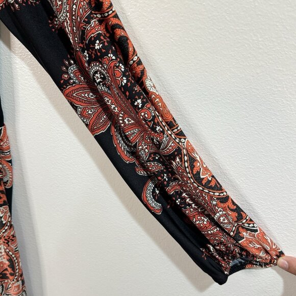 Vintage Y2K Antthony Maxi Dress L Paisley Orange Black Empire Long Sleeve V-neck - Picture 3 of 9